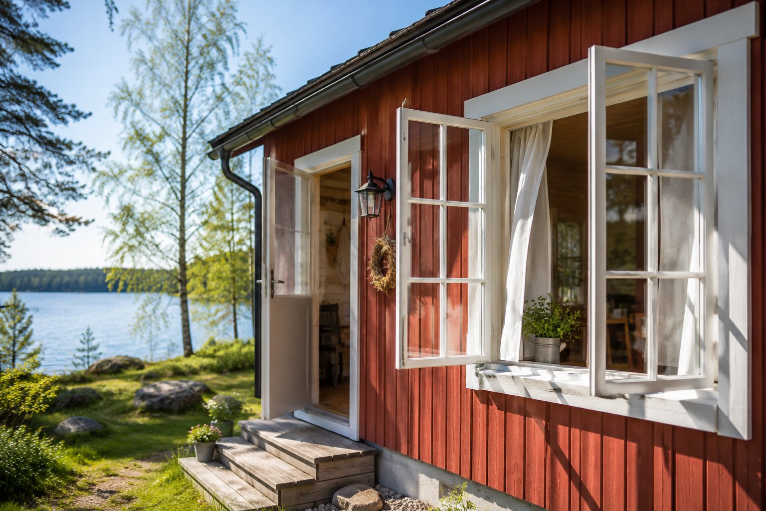 Punainen mökki järven rannalla keväällä, ovi ja ikkunat avoinna raikasta ilmanvaihtoa varten.